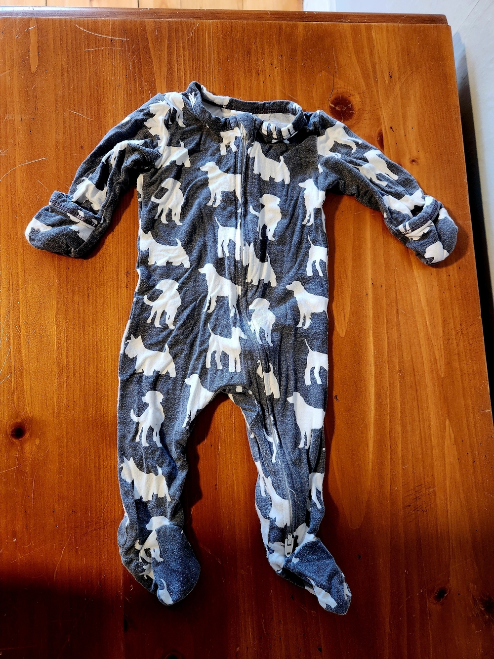 Kate Quinn Bamboo Newborn Gray and White Puppy Print Footie